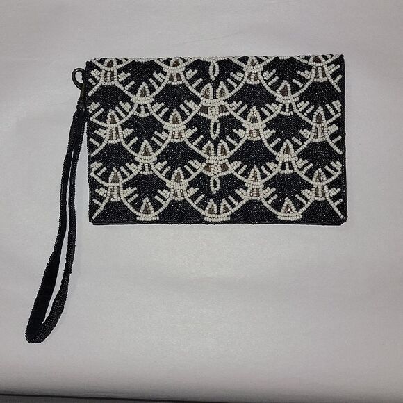 Bamboo Trading Co. Genuine Leather Elegant Evening Beaded Clutch Wristlet Wallet - Picture 1 of 15